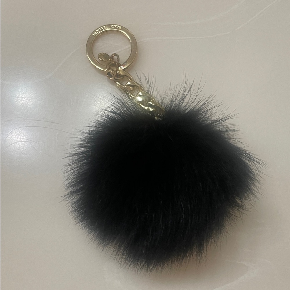 Michael Kors Black Fur Pom Keychain with Gold Ring